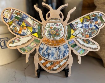 Vintage Plate Mosaic Bee - One of a Kind Wall Decor