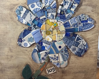 Indigo Daisy Mosaic Art: 10x10 Inch Floral Wall Decor