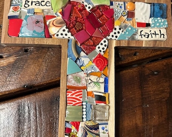 Handmade Mosaic Cross: Colorful Broken Dishes Faith Decor