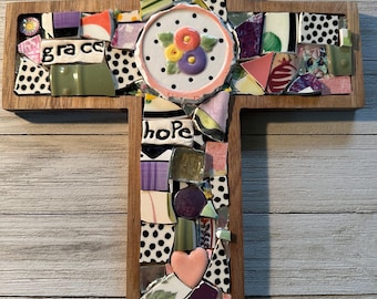 Handmade Mosaic Cross: Colorful Broken Dishes Faith Decor