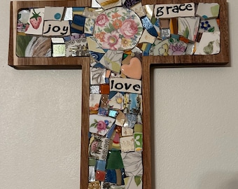 Handmade Mosaic Cross: Colorful Broken Dishes Faith Decor