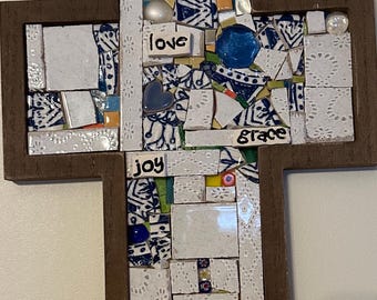 Handmade Mosaic Cross: Faith, Love, Joy, Grace Decor