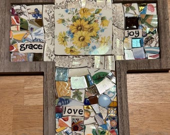 Handmade Mosaic Cross: Colorful Broken China Art, Wall or Table Decor
