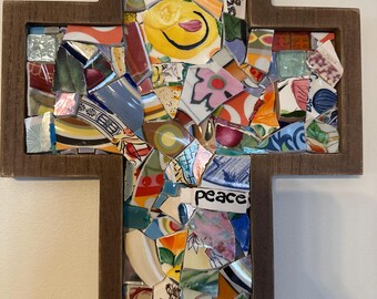 Handmade Mosaic Cross: Colorful Broken Dishes Art
