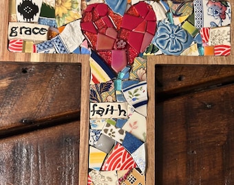 Handmade Mosaic Cross: Colorful Broken Dishes Faith Decor