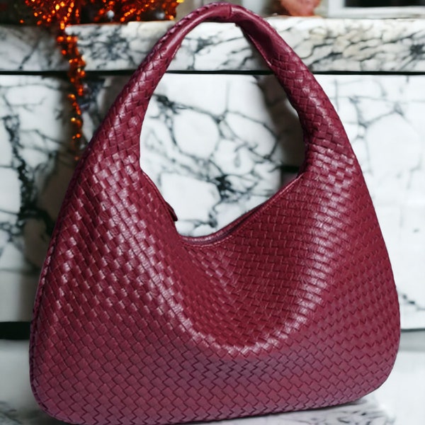 Vegan Leather Shoulder Bag, Large Designer Bag, Leather Dumpling Bag Knot Woven Bag, Interwoven Leather Purse Clutch Bag, Gift for Her