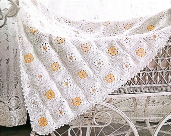 PDF CROCHET PATTERN: Vintage Daisy Baby Carriage Afghan, Vintage Crochet Pattern, Flower Afghan Crochet Pattern, Daisy Motif Crochet Pattern