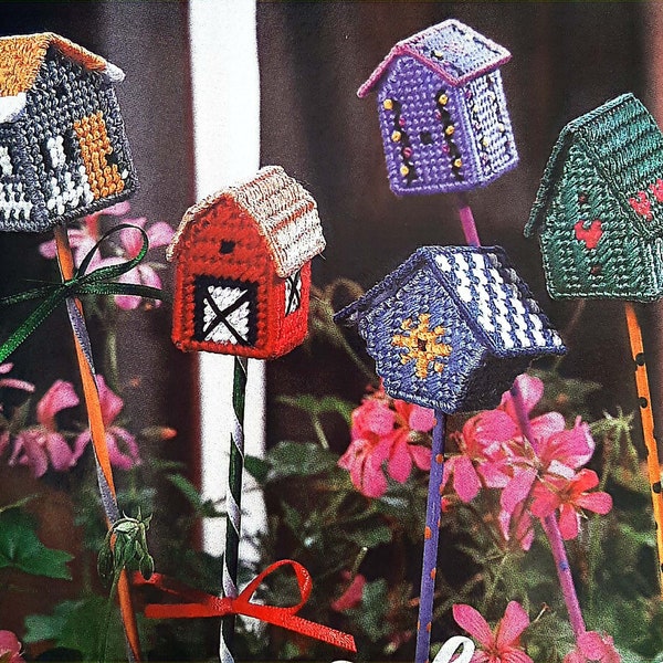 PDF PLASTIC CANVAS: 1996 Birdhouse Plant Pokes Canvas Pattern, Vintage Plastic Canvas Pattern, Garden Decor Canvas Pattern