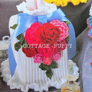PATRÓN DE GANCHILLO PDF: Patrón de crochet para funda de pañuelo de papel para ramo de novia de 1992, patrón de crochet vintage, aplique de rosas en crochet