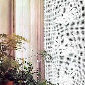 May include: A white crocheted lace curtain hangs in a window with green plants in the foreground.