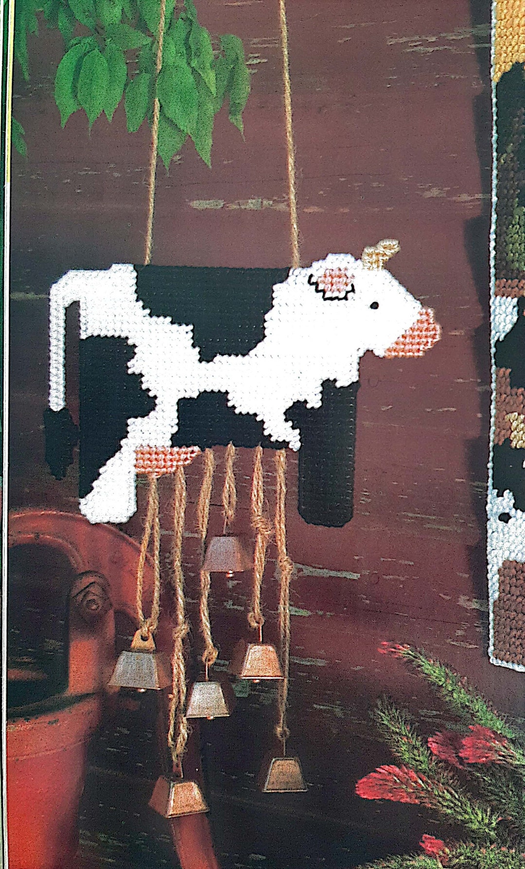 PDF PLASTIC CANVAS: 1993 Cow Chimes Canvas Pattern, Windchimes Pattern, Vintage Plastic Canvas Pattern, Cow Canvas Pattern