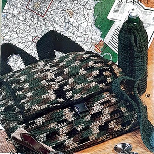 May include: A crocheted backpack and water bottle holder in a camouflage pattern of green, brown, and beige. The backpack has a black buckle and strap. The water bottle holder is tall and cylindrical.