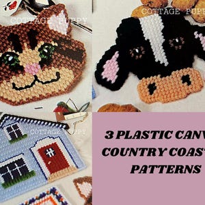 PDF PLASTIC CANVAS: 3 Vintage Country Coasters Canvas Pattern, Vintage Canvas Pattern, Animal Plstic Pattern, Cat Plastic Canvas Pattern