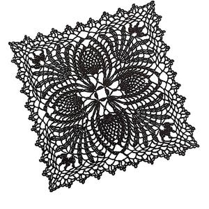 May include: Black crochet doily with a square shape and a pineapple design. The doily has a delicate, intricate pattern.