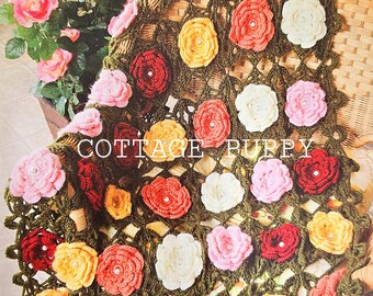PDF CROCHET PATTER: Wild Roses Blanket, Vintage Crochet Pattern, Rose Blanket Crochet Pattern, Flower Throw Crochet Pattern