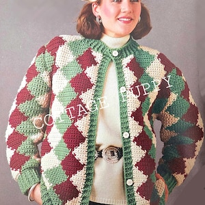 PDF CROCHET PATTERN: 1987 Diamonds Cardigan Crochet Pattern, Vintage Crochet Pattern, Womens Crochet Top Pattern, Crochet Sweater Pattern