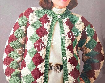 PDF VIRKMÖNSTER: Virkmönster för kofta med diamanter från 1987, virkmönster för vintage, virkmönster för toppar och stickmönster för damtröjor