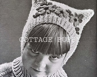 PDF KNIT PATTERN: Cat Balaclava for Children Knit Pattern, Girl's Hat Knit Pattern, Vintage Knit Pattern, Winter Hat Knit Pattern