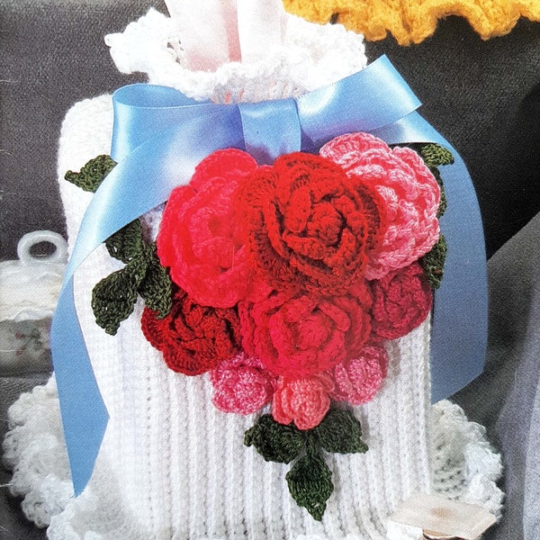 PDF CROCHET PATTERN: 1992 Sweetheart Bouquet Tissue Cover Crochet Pattern, Vintage Crochet Pattern, Roses Crochet Applique