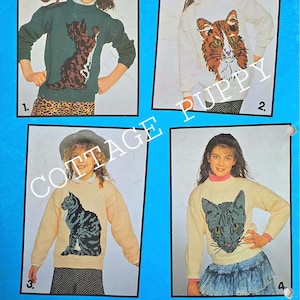 PDF KNIT PATTERN: 1990 4 Cat Sweaters Knit Pattern, Cat Knitting Chart Pattern, Adult Cat knit Sweater Pattern, Kids Cat Sweater Knit