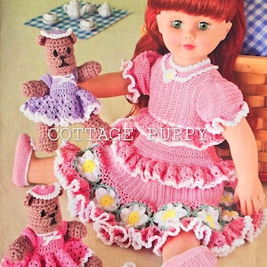 PDF CROCHET PATTERN: Vintage Picnic Doll Dress Crochet Pattern, Vintage Floral Doll Dress Crochet Pattern, Vintage Bear Toy Crochet Pattern