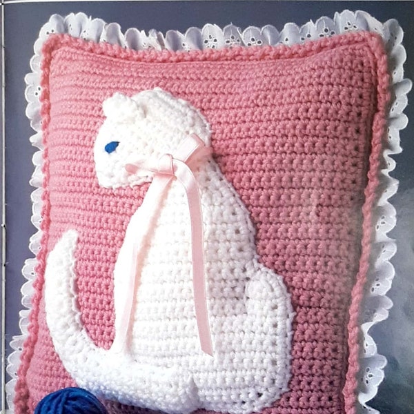 PDF CROCHET PATTERN: 1988 Cat Pillow Crochet Pattern, Vintage Crochet Pattern, Vintage Home Decor, Crochet Cat Decor, Kitty Crochet