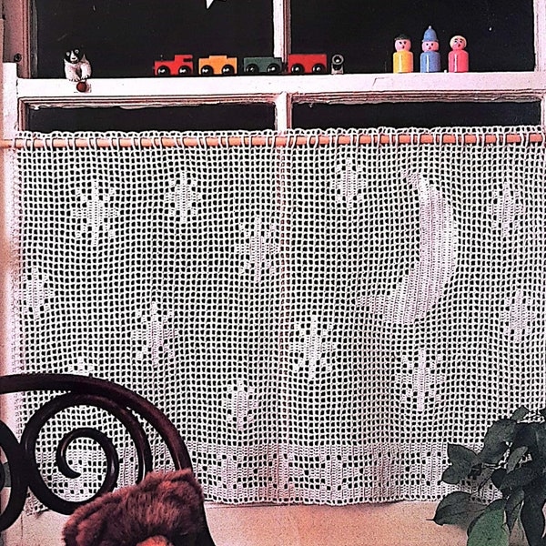 PDF CROCHET PATTERN: Vintage Starry Cafe Curtain Crochet Pattern, Moon And Stars Curtain Crochet Pattern, Crochet Curtain Pattern