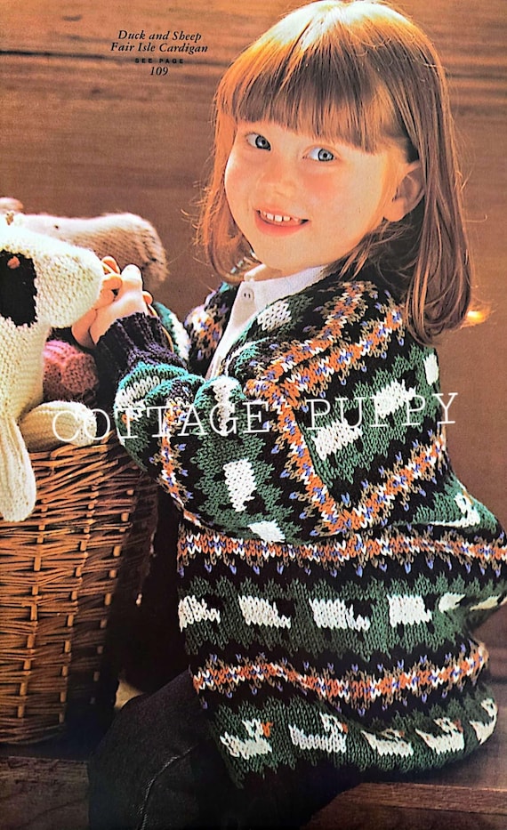 PDF KNIT PATTERN: 1991 Duck and Sheep Fair Isle Kids Cardigan Knit