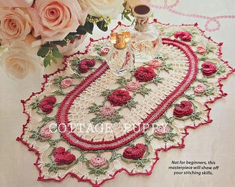 PATRÓN DE CROCHET EN PDF: Patrón de tapete de ganchillo de rosas y corazones, patrón de ganchillo vintage, patrón de tapete de ganchillo vintage, tapete de corazón, tapete de rosa