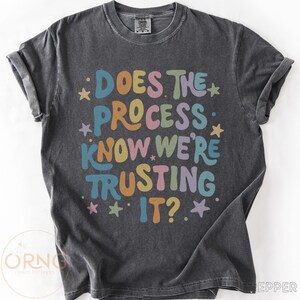 May include: A dark gray t-shirt with the text "DOES THE PROCESS KNOW WE'RE TRUSTING IT?" in colorful bubble letters. The design includes stars and a vintage, worn look.