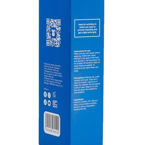 May include: Blue box with a white label containing product information and instructions for use. The label includes the product name "Monkey Hands", a QR code, and a barcode. The text on the label includes "Ideal for activities in which you need to prevent sweating and get a light extra grip."