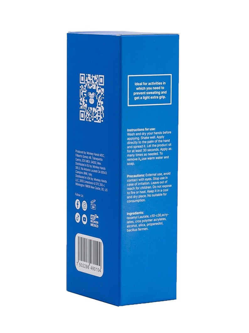 May include: Blue box with a white label containing product information and instructions for use. The label includes the product name "Monkey Hands", a QR code, and a barcode. The text on the label includes "Ideal for activities in which you need to prevent sweating and get a light extra grip."