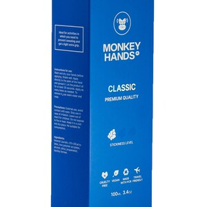 May include: Blue box with a monkey logo and the text "MONKEY HANDS" and "CLASSIC PREMIUM QUALITY". The box contains a 3.4 oz (100 ml) bottle of hand cream.