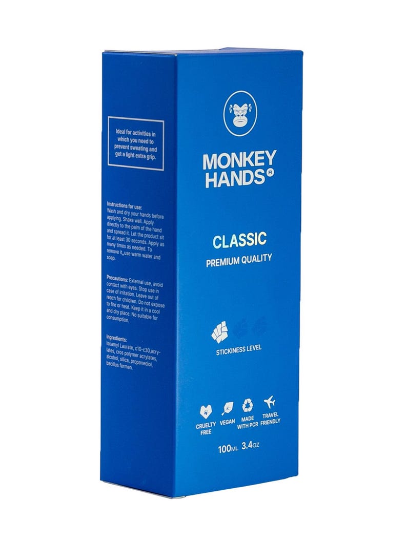 May include: Blue box with a monkey logo and the text "MONKEY HANDS" and "CLASSIC PREMIUM QUALITY". The box contains a 3.4 oz (100 ml) bottle of hand cream.