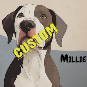 May include: A digital illustration of a brown and white dog with the word "CUSTOM" in yellow text over the image and the word "MILLIE" in black text below the image.