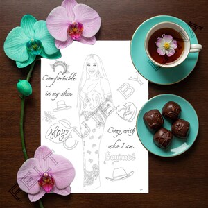 May include: Black and white coloring page featuring a portrait of a woman with the text "Comfortable in my skin" and "Cozy with who I am Beyoncé".