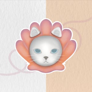 Sticker Chat Coquillage | Autocollant Chat Kawaii | Sticker Chat en Costume de Coquillage | Sticker Fantaisie Chat & Océan | Chat Blanc