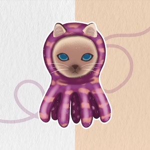 Sticker Chat Pieuvre | Autocollant Chat Kawaii | Sticker Chat en Costume de Pieuvre | Sticker Fantaisie Chat & Océan  | Sticker Chat Siamois