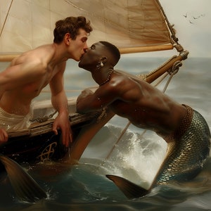 The Sailor and the Siren 11x14, 16x20 art print, merman, mermaid, siren, fine art, oil painting, digital painting, queer art, gay, mythical