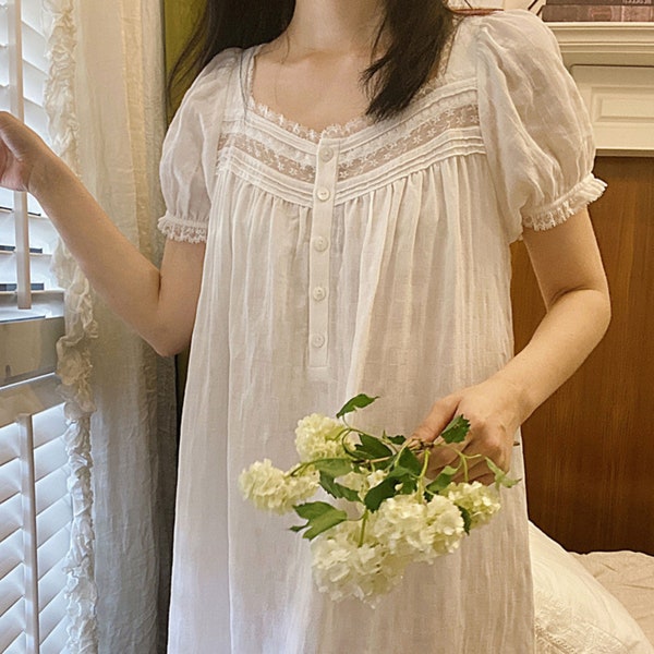 Vintage White Nightgown Dress | Fairy Lace Up Short Sleeves | Women V-Neck Fashion | Pure White Cotton | Summer Night Dress
