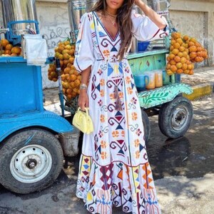 Printed Women Long Dress | Wrap Maxi Dress | Long Sleeves Summer Print | Vintage Retro Chic Print | Women Deep V-Neck Boho Dress