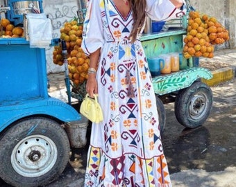 Printed Women Long Dress | Wrap Maxi Dress | Long Sleeves Summer Print | Vintage Retro Chic Print | Women Deep V-Neck Boho Dress