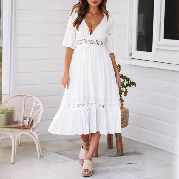 Women White Dress | Deep V Neck Lace | Summer Boho Lace Maxi | Summer Beach Style | White Lace Dress