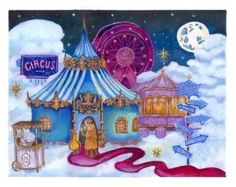 8x10 Giclee Illustrated Print, The Celestial Circus, Magical Circus, Magic, Fantasy, Bookish