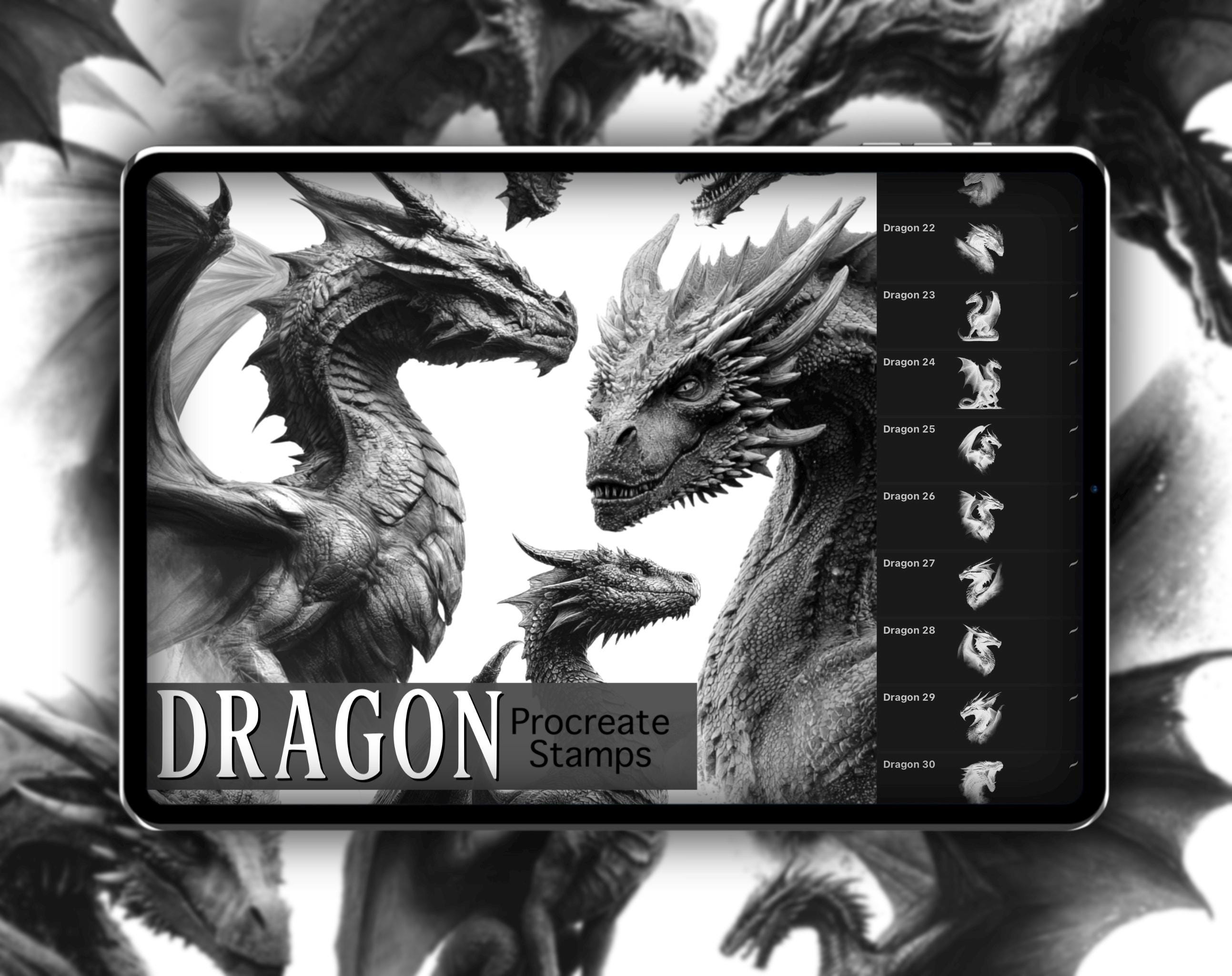 Dragon Realism Procreate Stamps Set 1 – 50 pinceles sello de criaturas míticas para tatuaje e ilustración