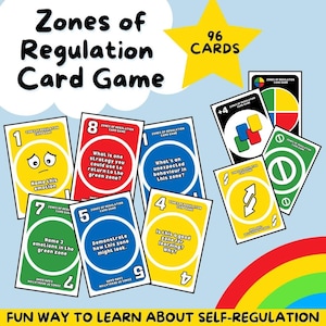 May include: A card game titled "Zones of Regulation" with 96 cards. The cards are in various colors, including yellow, red, blue, and green, with different questions and prompts. A yellow star with the number 96 is in the image. The text "FUN WAY TO LEARN ABOUT SELF-REGULATION" is at the bottom.
