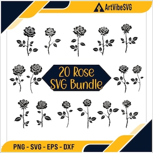 20 Rose Svg Bundle: Rose Vector, Rose Tattoo, Rose Silhouette, Rose Png Clipart, Rose Svg Cut Files for Crafts- Tattoos, Rose Clipart Bundle