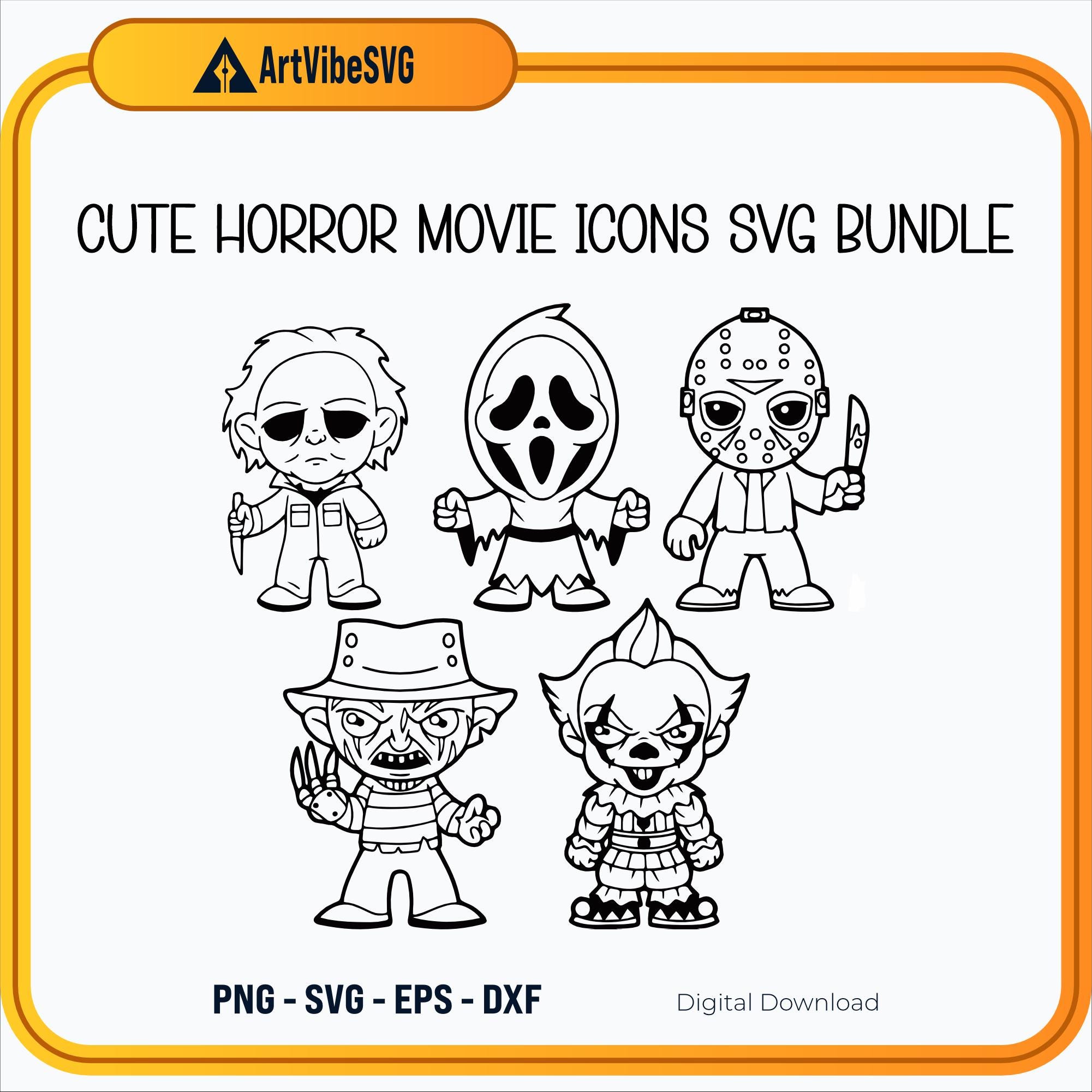 Cute Horror Movie Icons SVG Bundle Pack For DIY Digital Art, Whimsical Horror Movie Designs, Unique Crafting Supplies, Seasonal Decor SVG