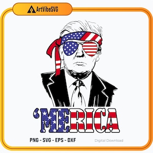 Könnte beinhalten: Eine Schwarzweißillustration einer Person, die ein rot-weiß-blaues Bandana mit Sternen und Streifen trägt. Die Person trägt eine Sonnenbrille mit der amerikanischen Flagge darauf. Der Text 'MERICA' befindet sich unter der Person, mit roten, weißen und blauen Sternen und Streifen.