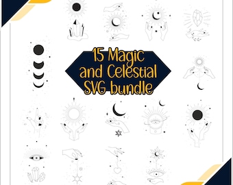 Op de afbeelding: Een set van 15 zwart-witte SVG-illustraties met hemelse en magische thema's. De illustraties omvatten manen, sterren, zonnen, handen, kristallen en ogen. De tekst "15 Magic and Celestial SVG bundle" wordt in het midden van de afbeelding weergegeven.